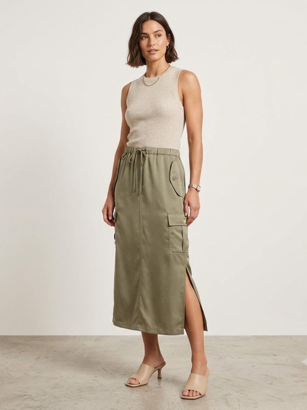 Olive Cargo Midi Skirt - Women